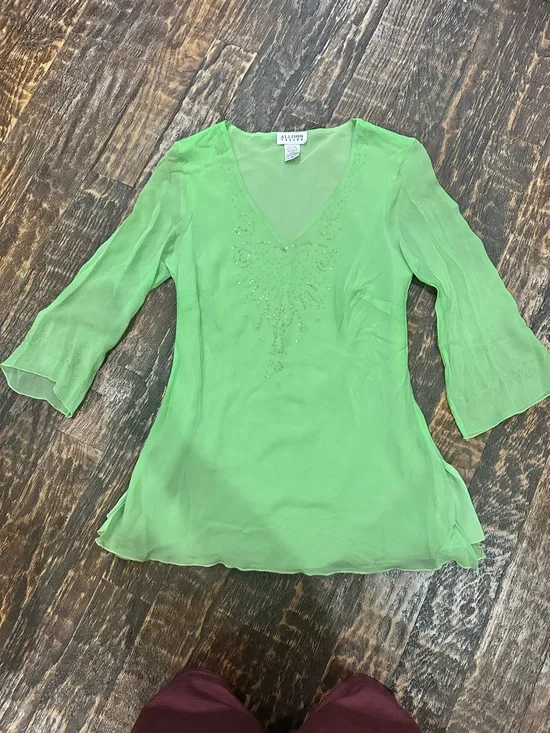 Allison Taylor Lime Green V-Neck Beaded Sheer Tunic fully lined - Picture 1 of 8
